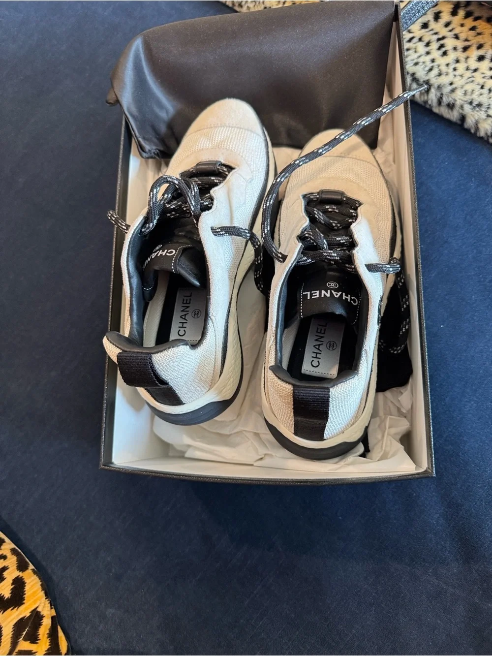 CHANEL Cream and Black Mesh & Suede Athletic Sneakers